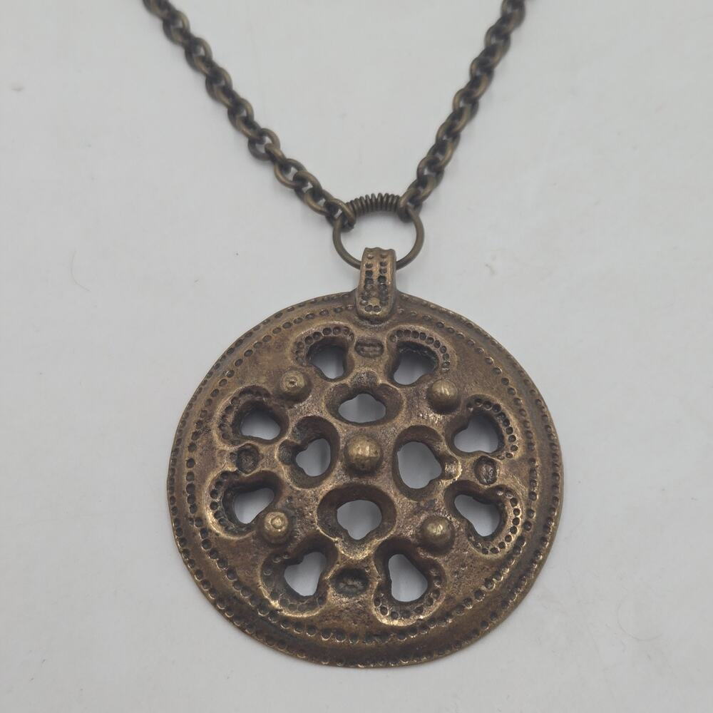 Vintage 60s Kalevala Koru Finland Bronze Brutalist Pendant Necklace 26" Chain